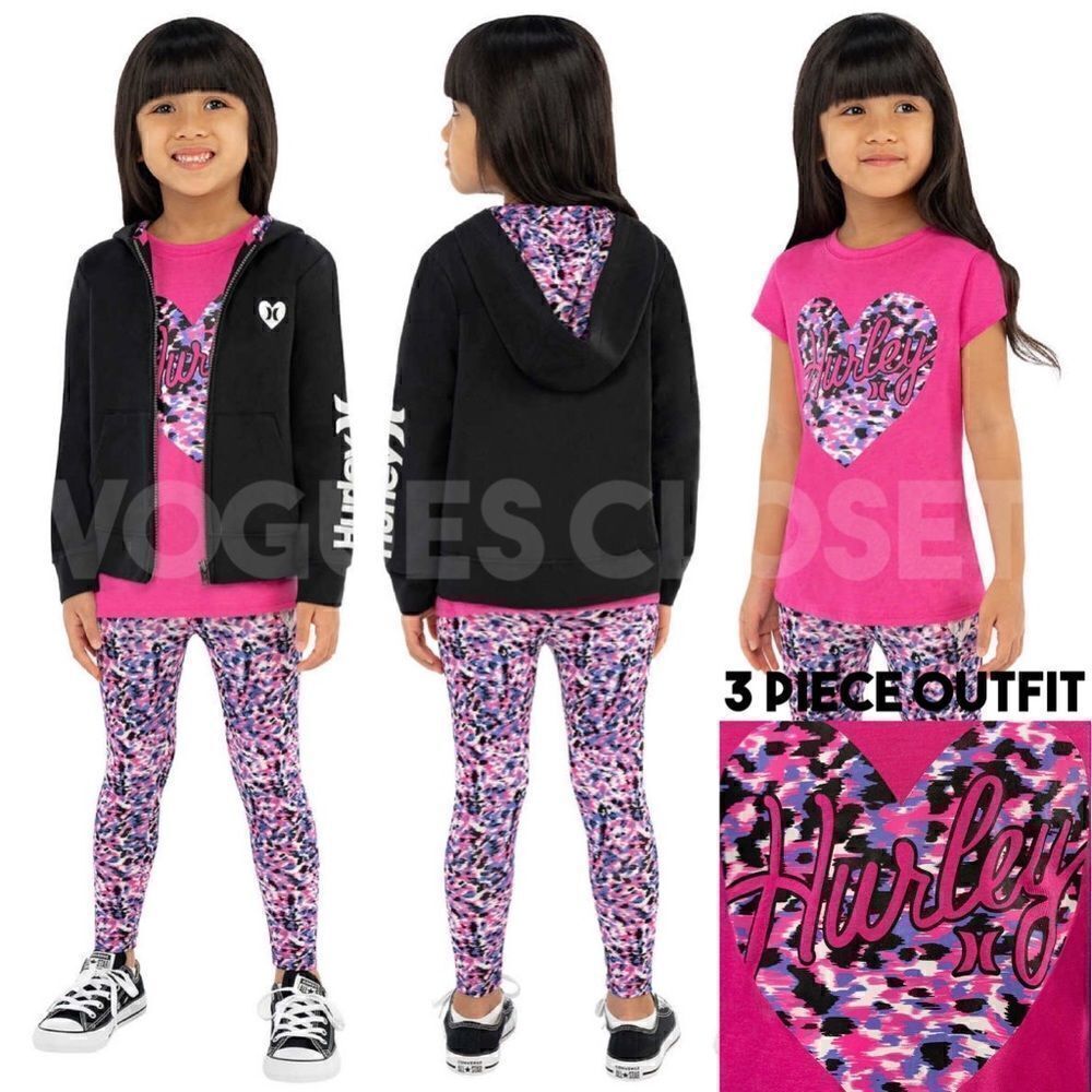NEW! Hurley Kids 3 piece Set Full Zip Hoodie, Tee and Legging in Pink and Black